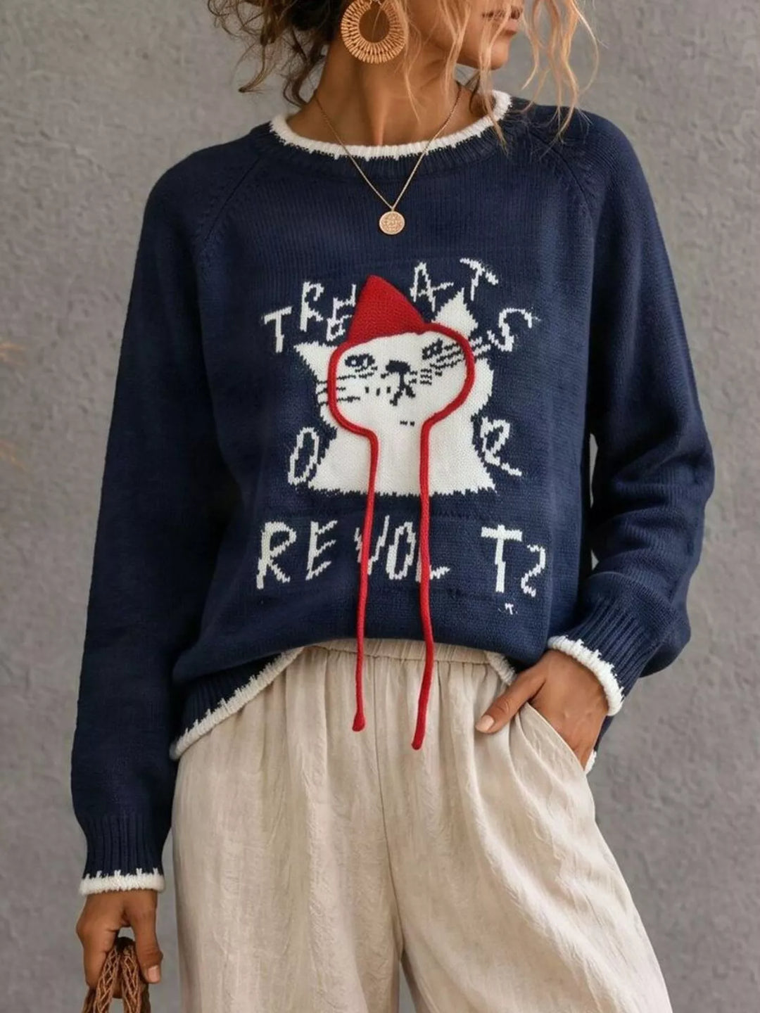 Cat graphic raglan sleeve knit sweater with contrast trim