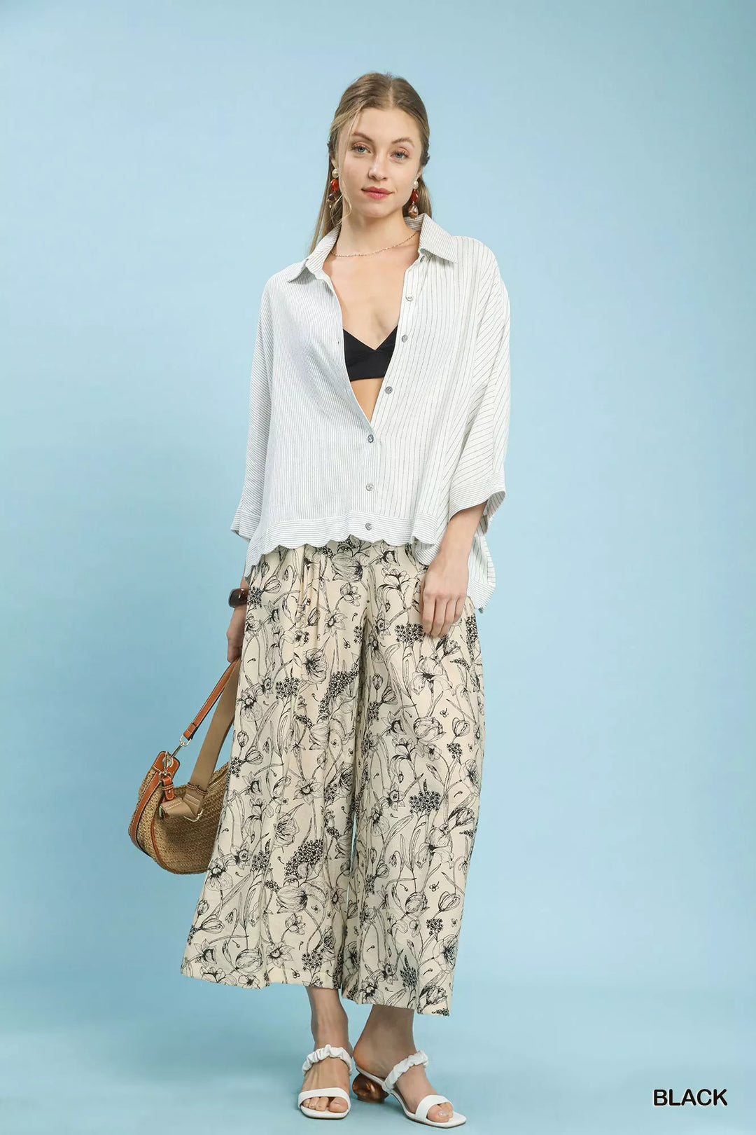 Wide-leg floral print pants with pleated elastic waist