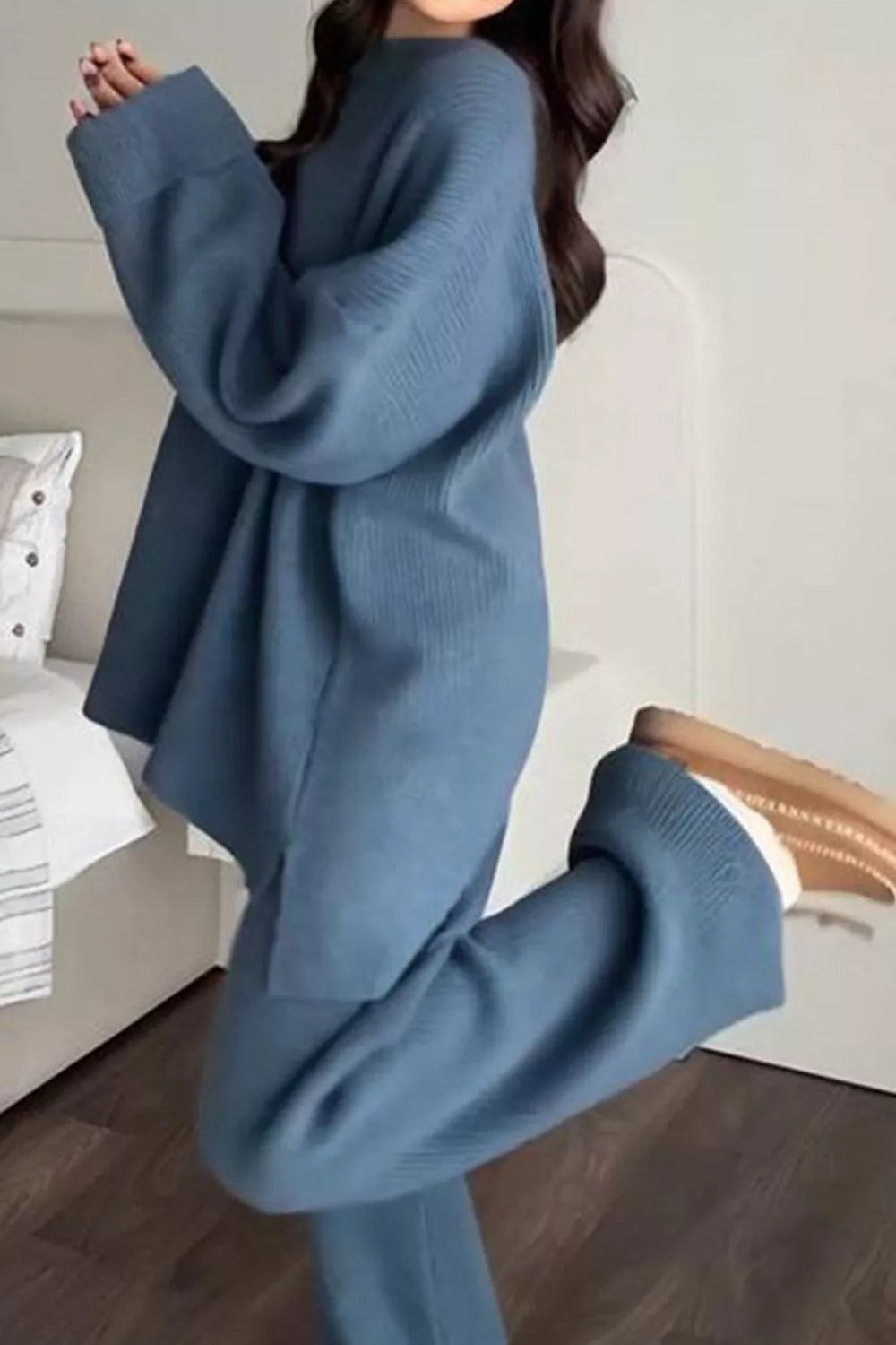 Ribbed knit dropped shoulder sweater and wide leg pants set