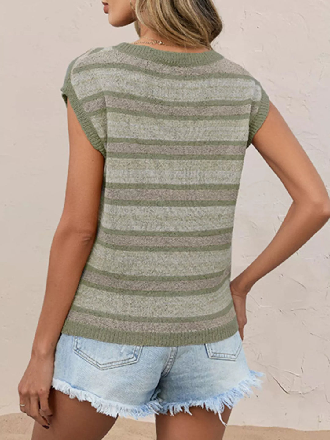 Striped ribbed knit cap-sleeve sweater top