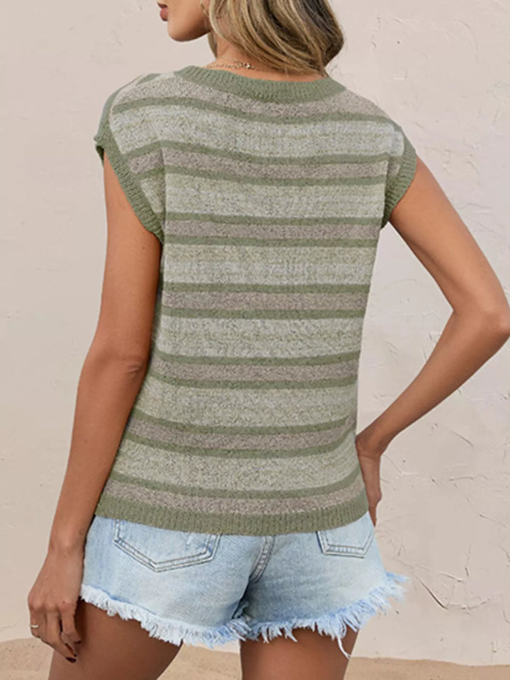Striped ribbed knit cap-sleeve sweater top