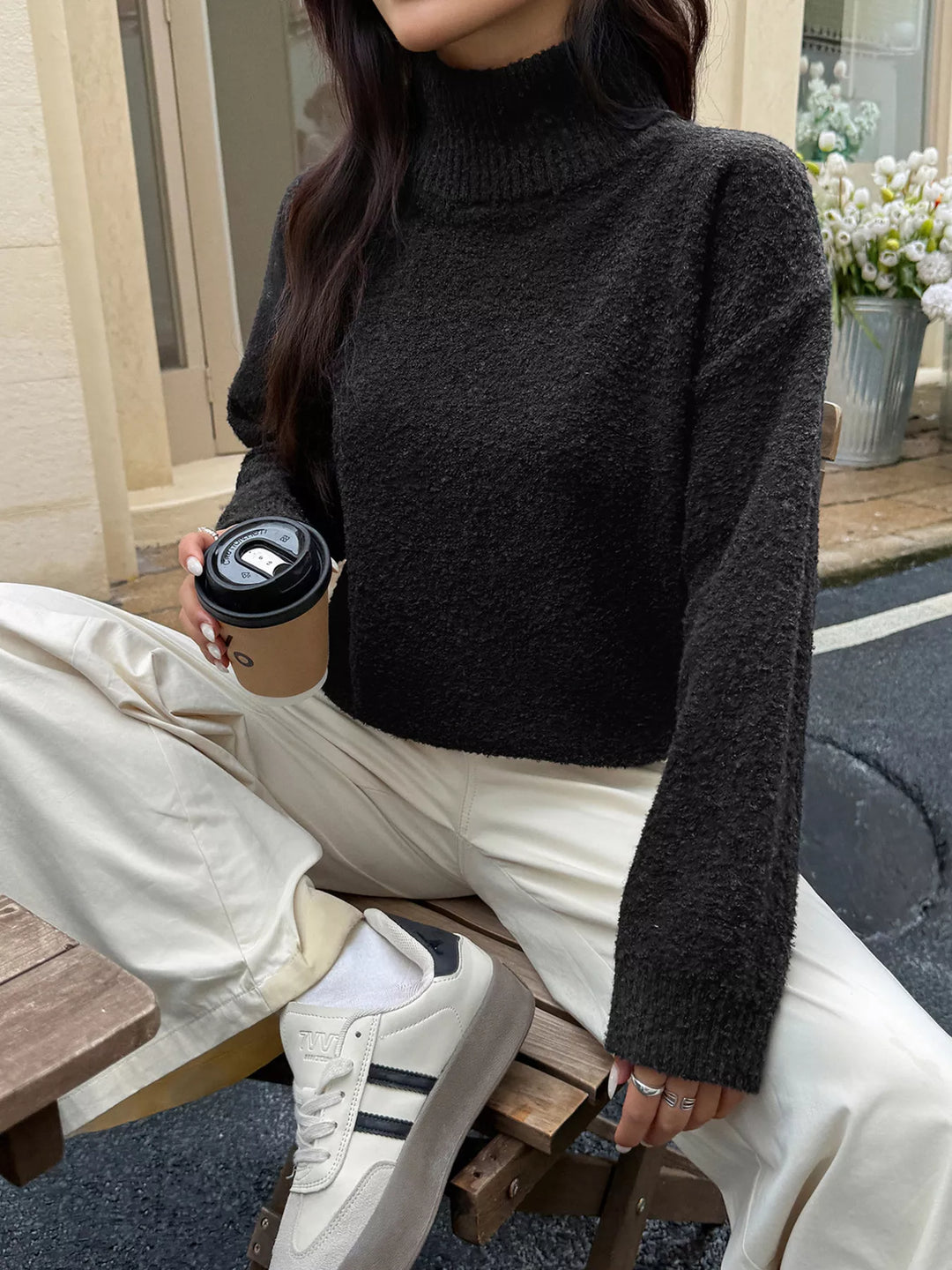 Textured knit turtleneck sweater with drop shoulders