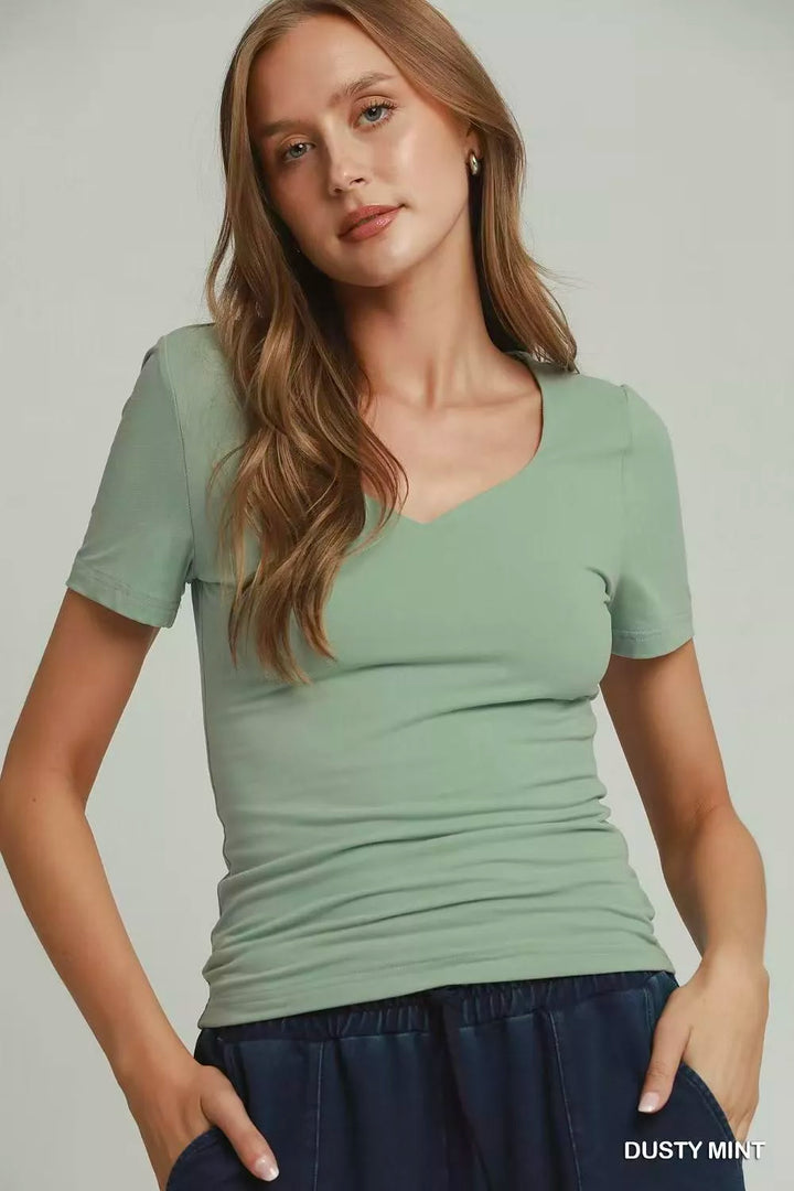 DUSTY MINT Sweetheart neckline double-lined ruched short sleeve top