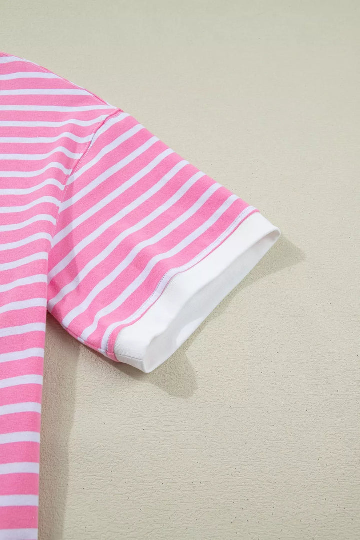 Striped drop-shoulder crew neck loose top with contrast cuffs