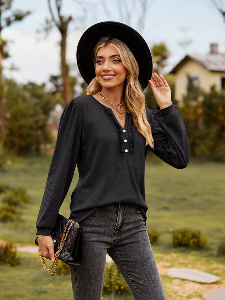 Ruffle trim puff sleeve split-neck blouse