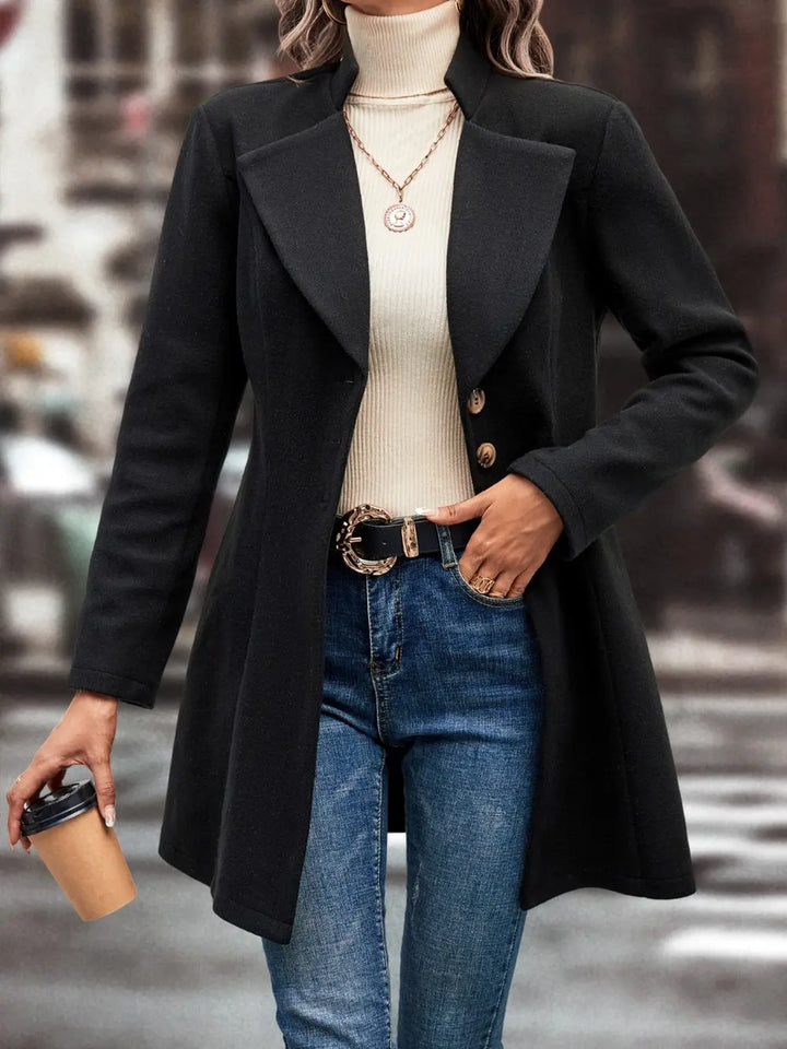 Black Button-front longline coat with notched lapel and flared hem