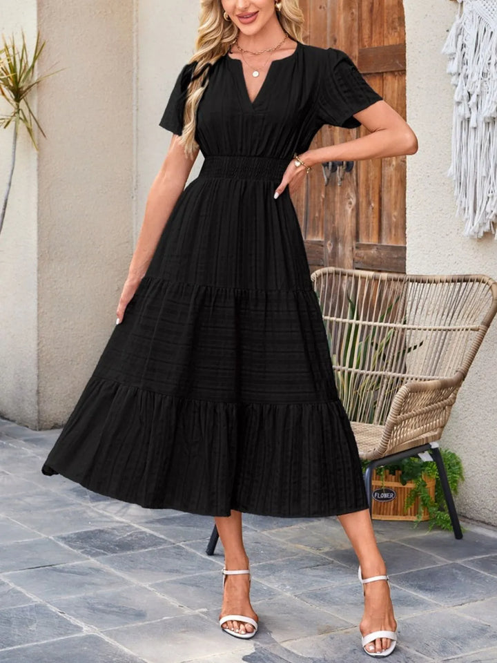 Tiered notched neck short sleeve midi dress with pockets