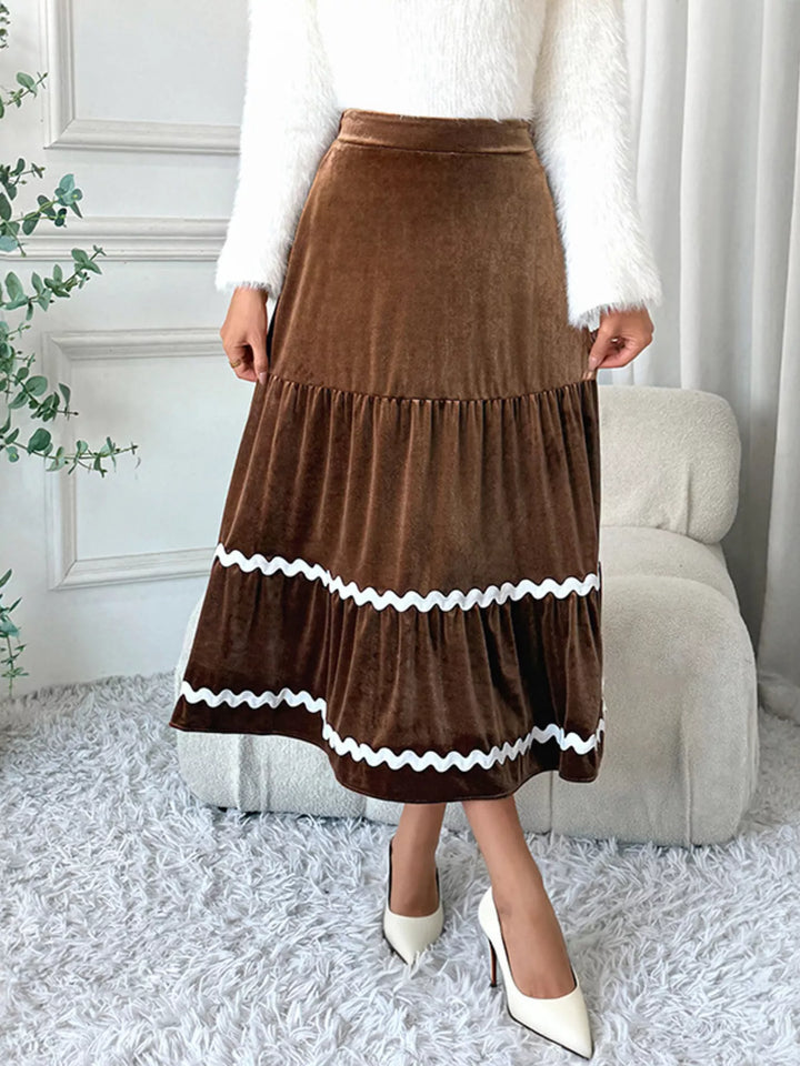 Brown Tiered velvet midi skirt with ric-rac wave trim