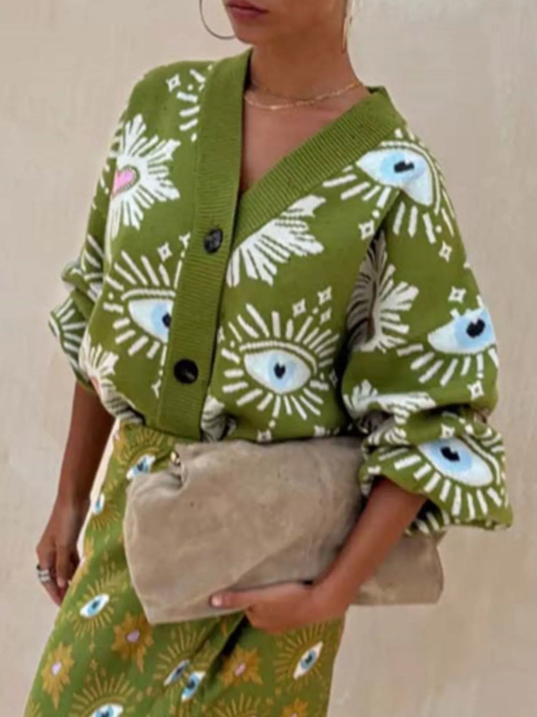 Evil eye print dropped shoulder button-down knit cardigan