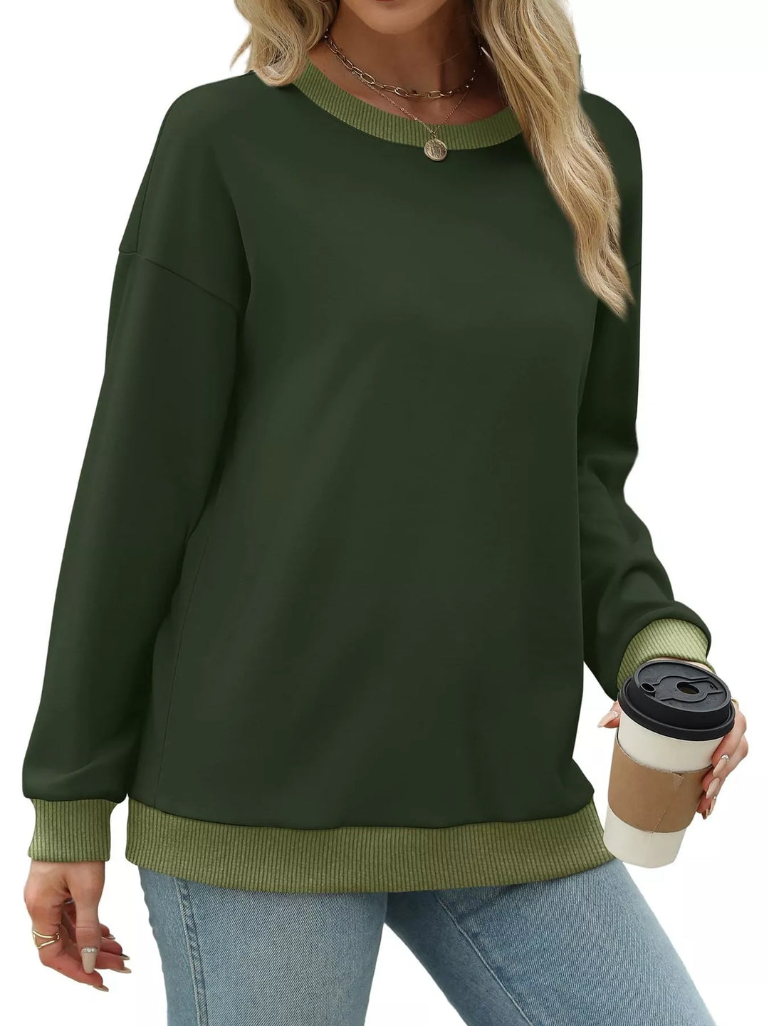 Drop-shoulder crew neck sweatshirt with contrast ribbed trim