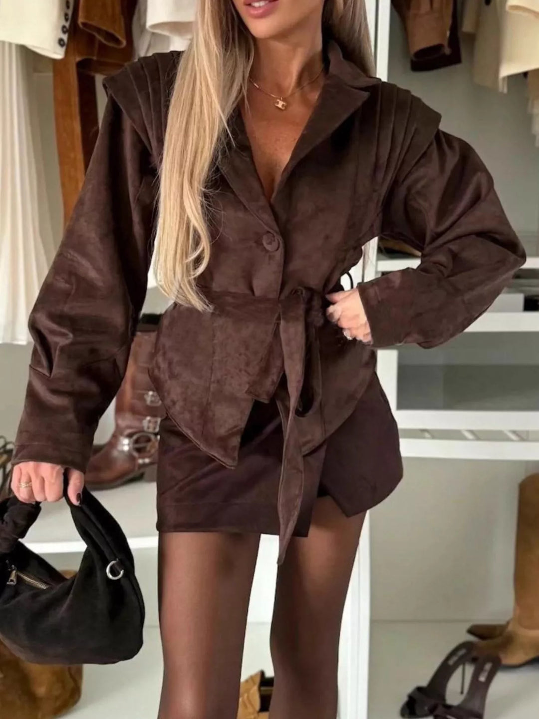Faux suede tie-waist jacket with pleated shoulders