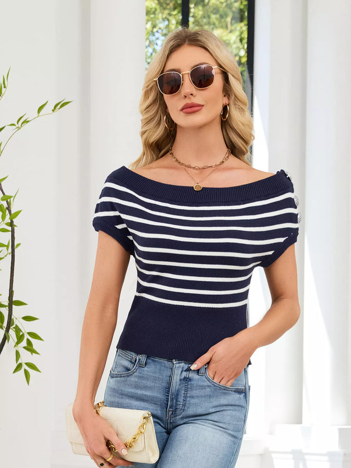 Dark Blue Striped off-shoulder knit crop top with button sleeve detail
