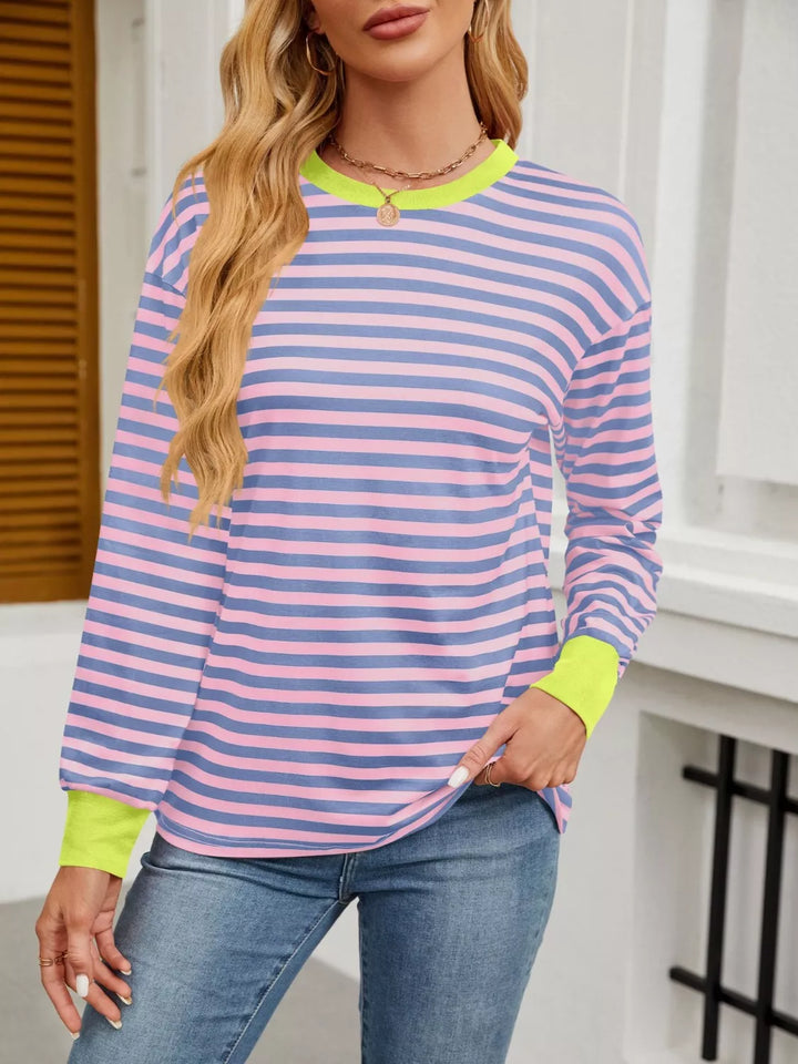 Contrast-trim striped long sleeve crew neck top