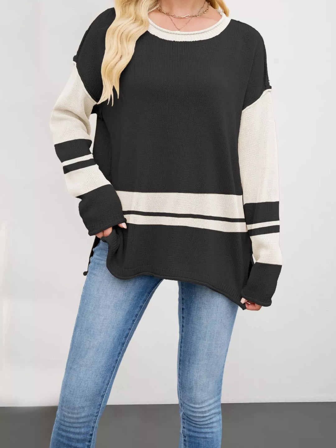 Striped colorblock drop shoulder sweater with side slits