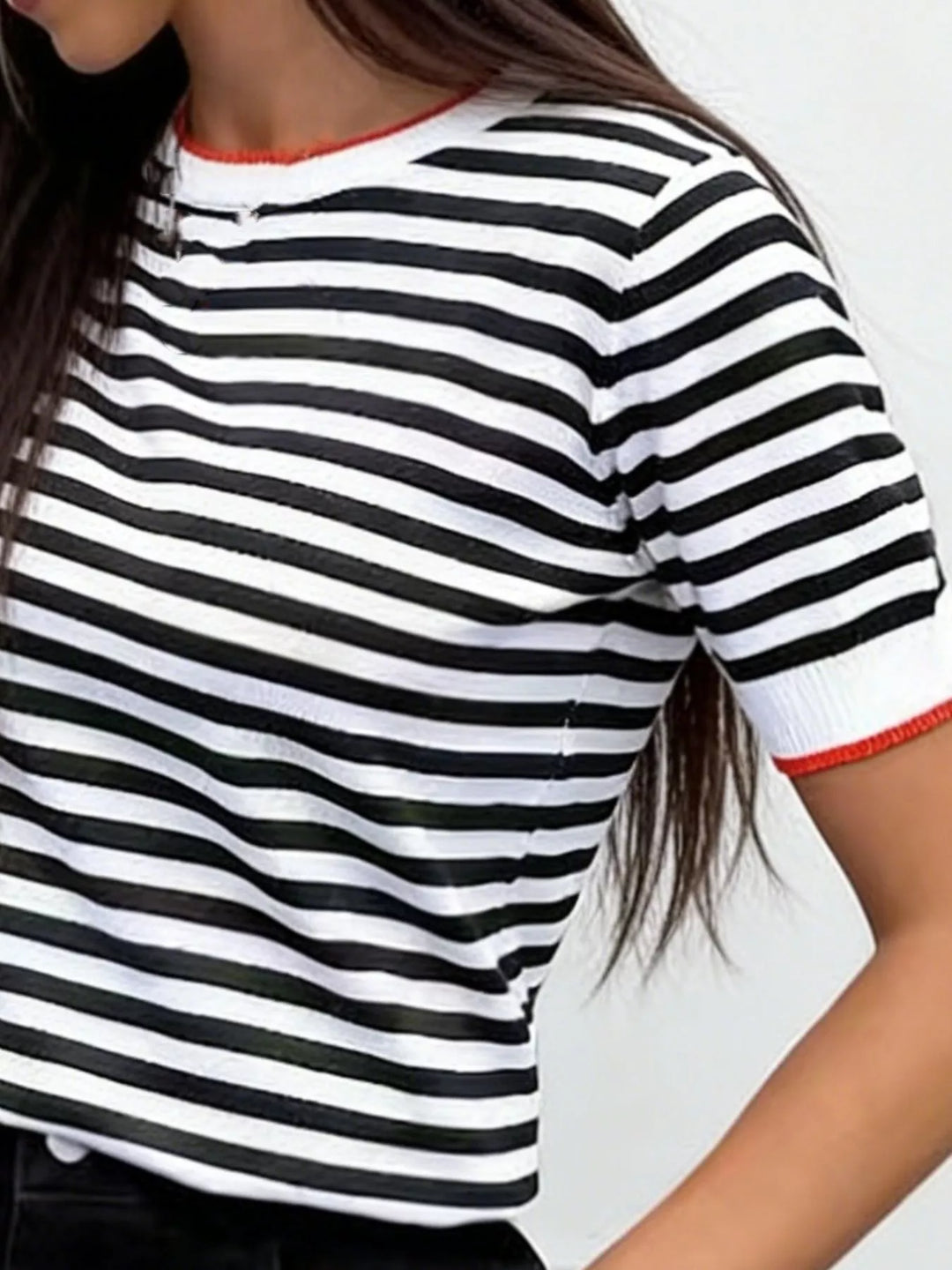 Striped short sleeve knit top with contrast ribbed trim