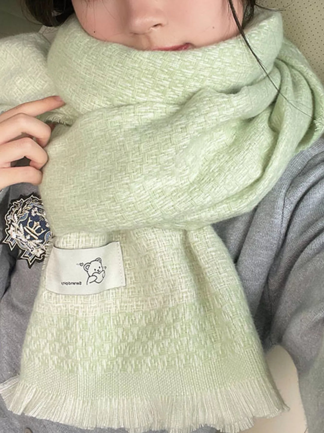 Basketweave texture oversized winter scarf with raw fringe hem
