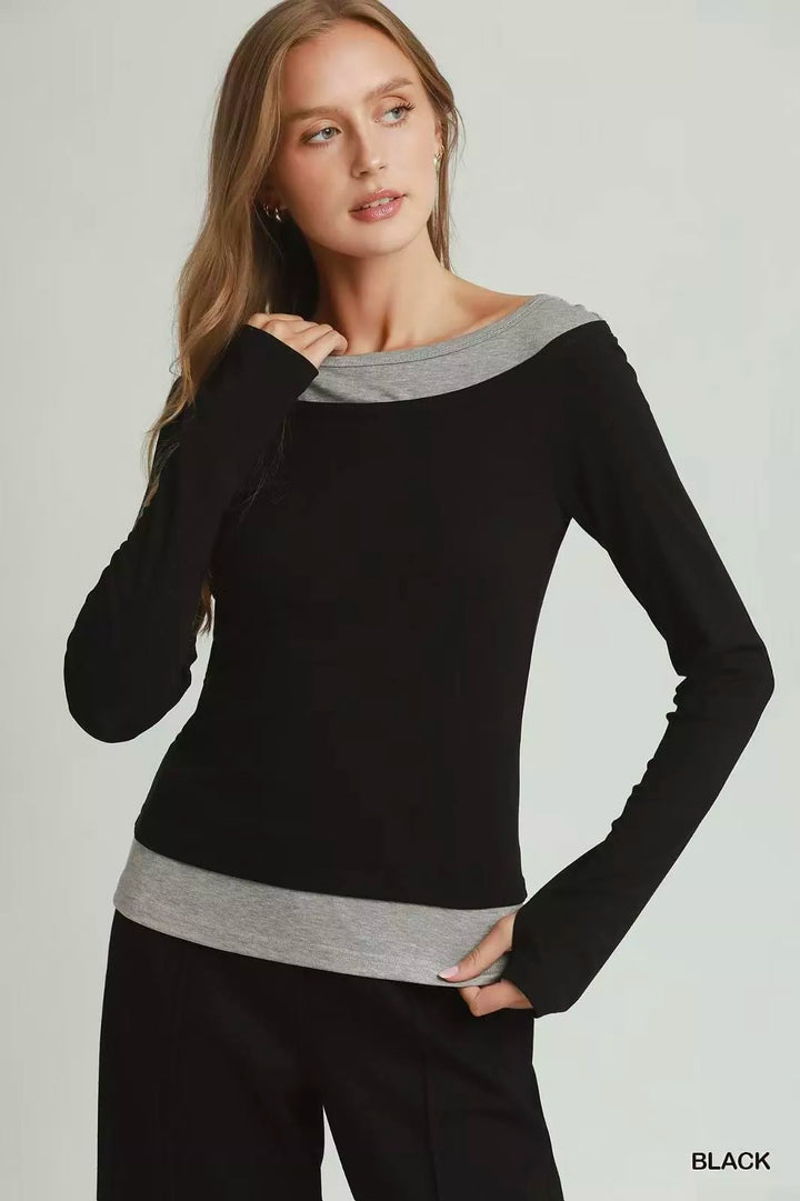 BLACK Twofer layered long sleeve top with contrast trim and thumbholes