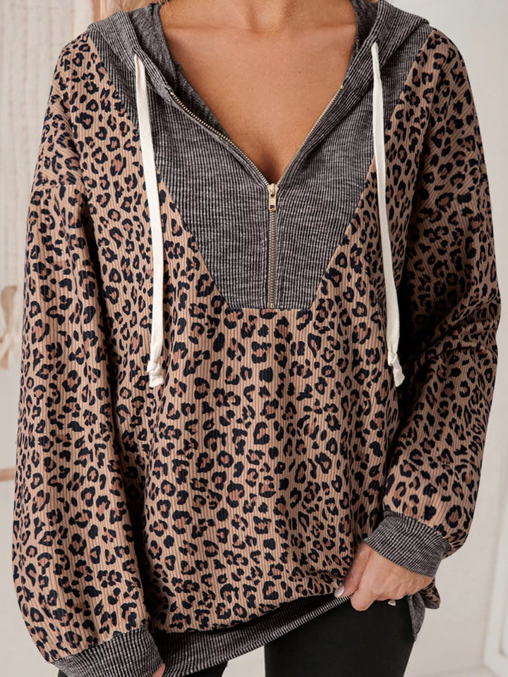 Leopard Ribbed leopard print half-zip hoodie with contrast hood