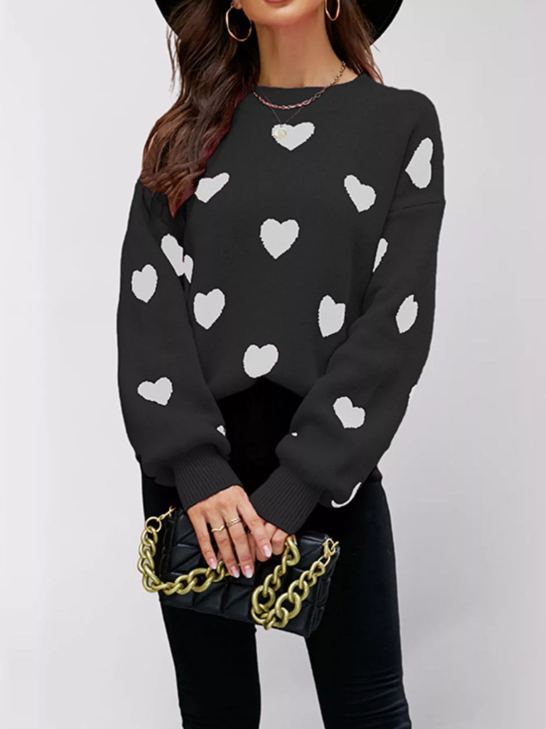 Black Heart print drop shoulder crew neck knit sweater