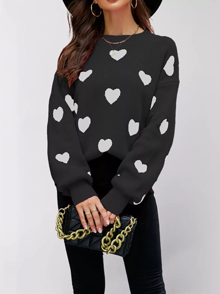 Black Heart print drop shoulder crew neck knit sweater