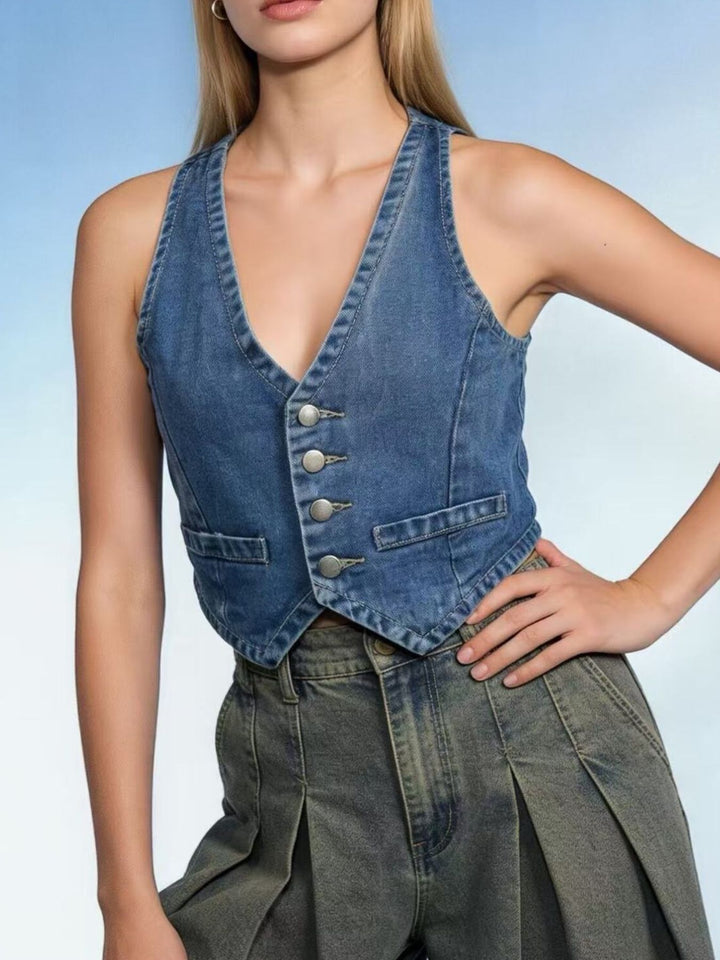 Cropped button-front denim vest with V-neck