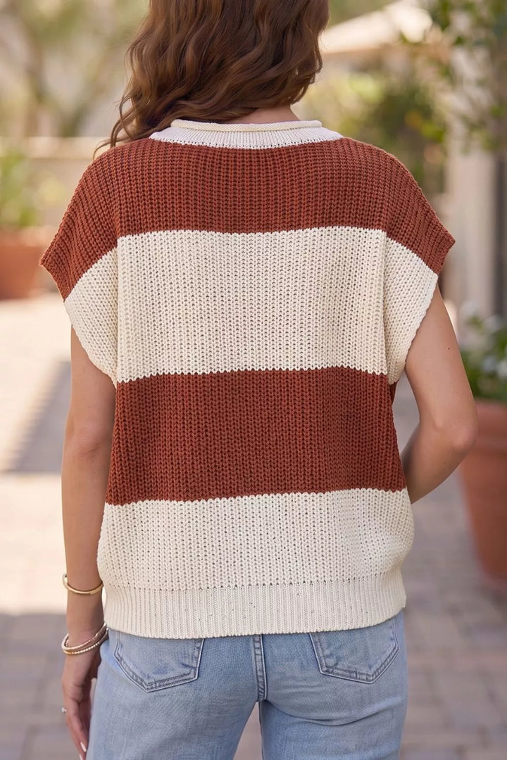 Wide stripe colorblock knit sweater with notch neck