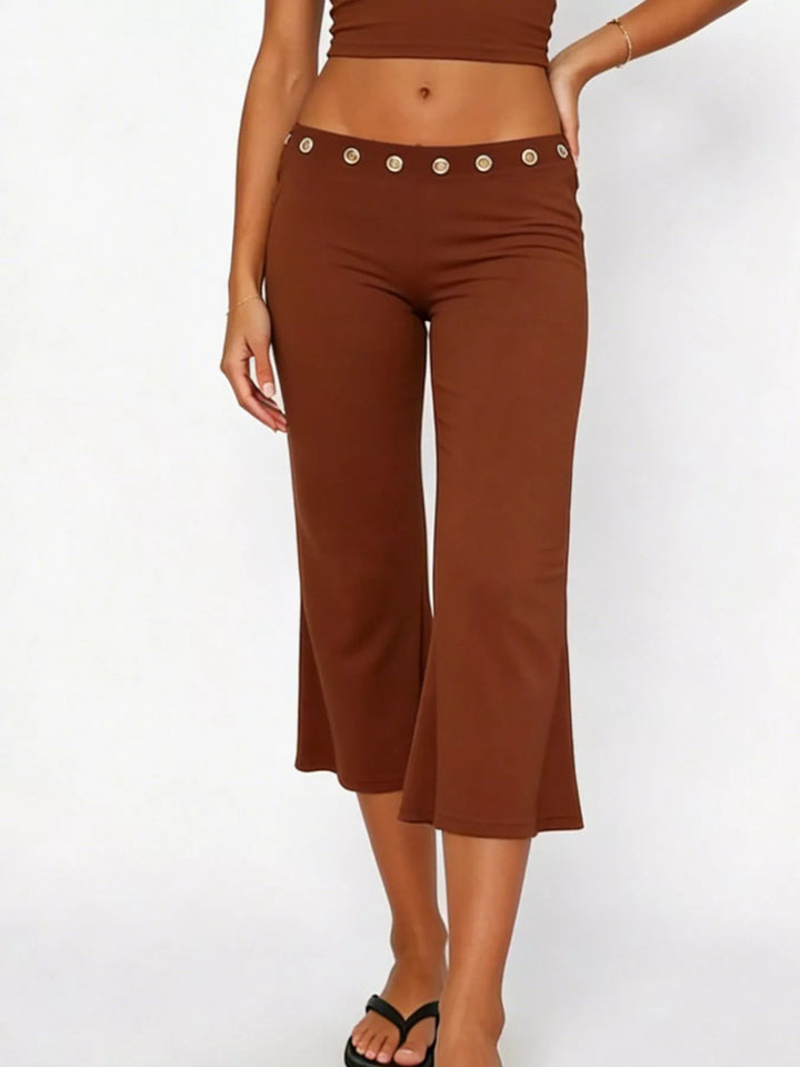 Dark Brown Mid-rise wide-leg capri pants with gold-button waistband