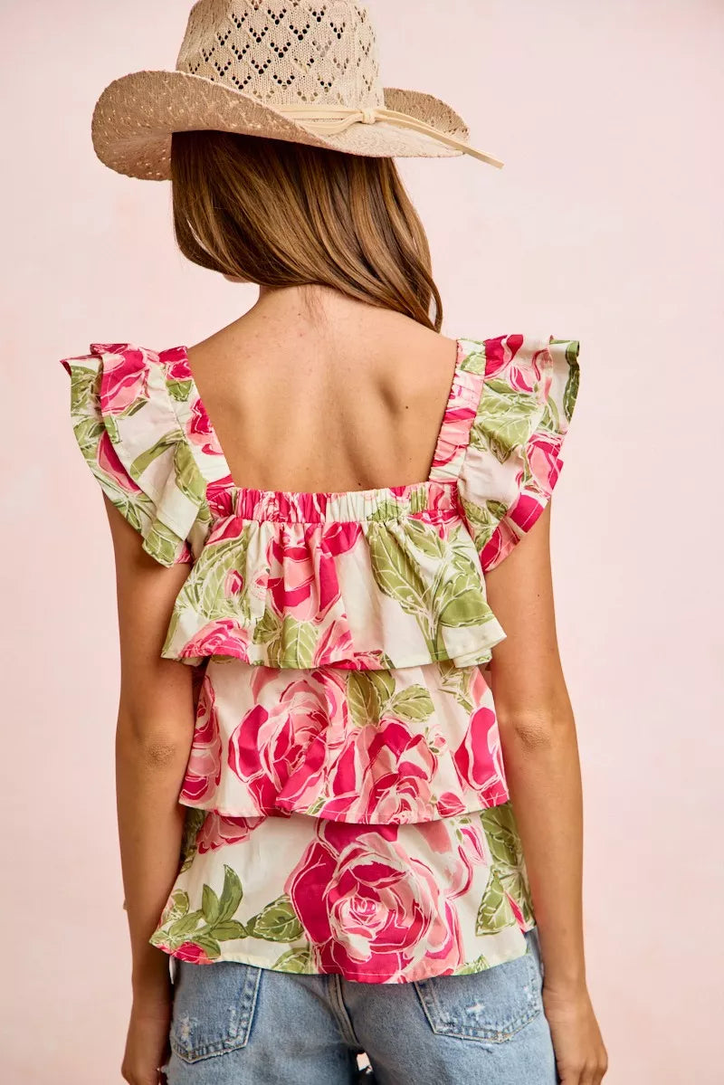 Floral print tiered ruffle top with square neck and bow