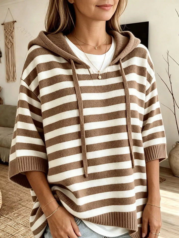 Khaki Striped drawstring hooded sweater with elbow-length sleeves