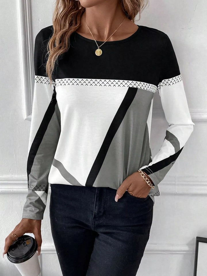 Geometric color block long sleeve crew neck top