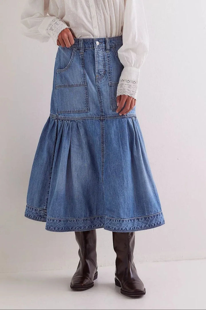 Medium High-rise tiered midi denim skirt with patch pockets