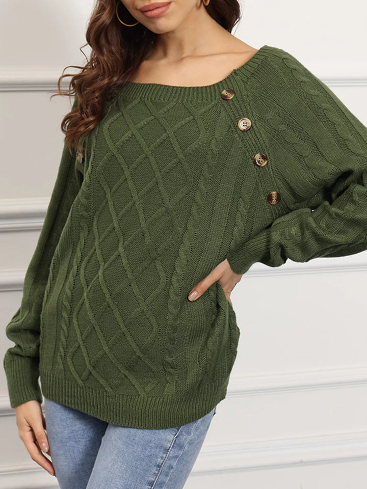 Cable knit boat neck sweater with side button trim