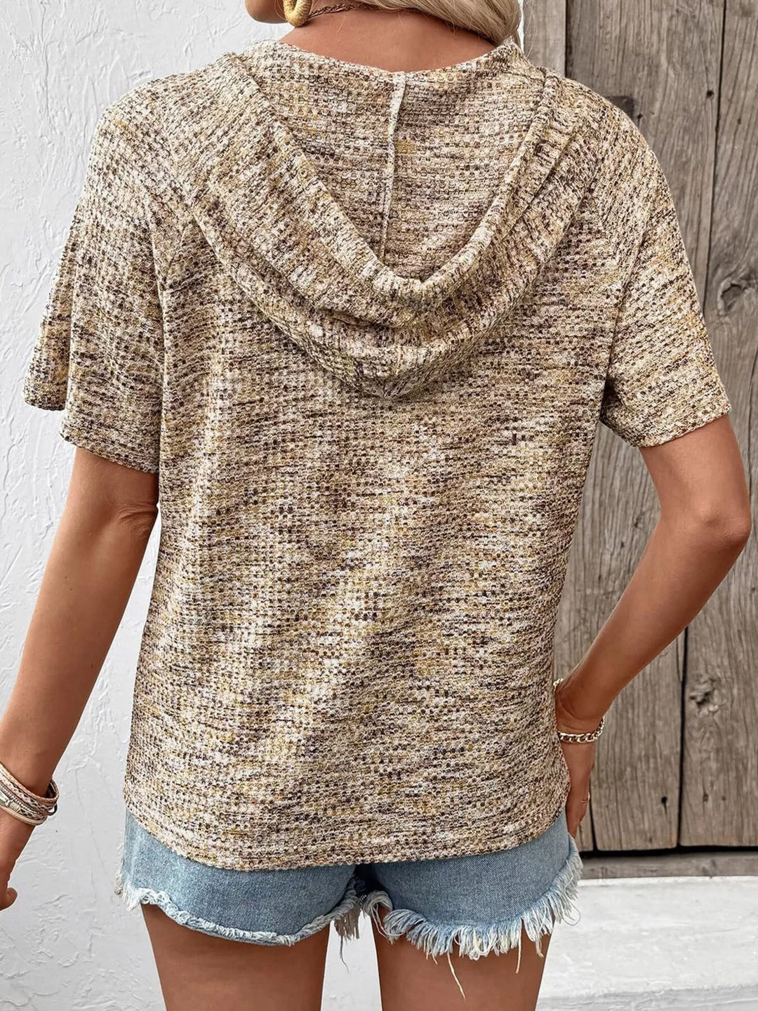 Waffle knit hoodie top with button placket and drawstring