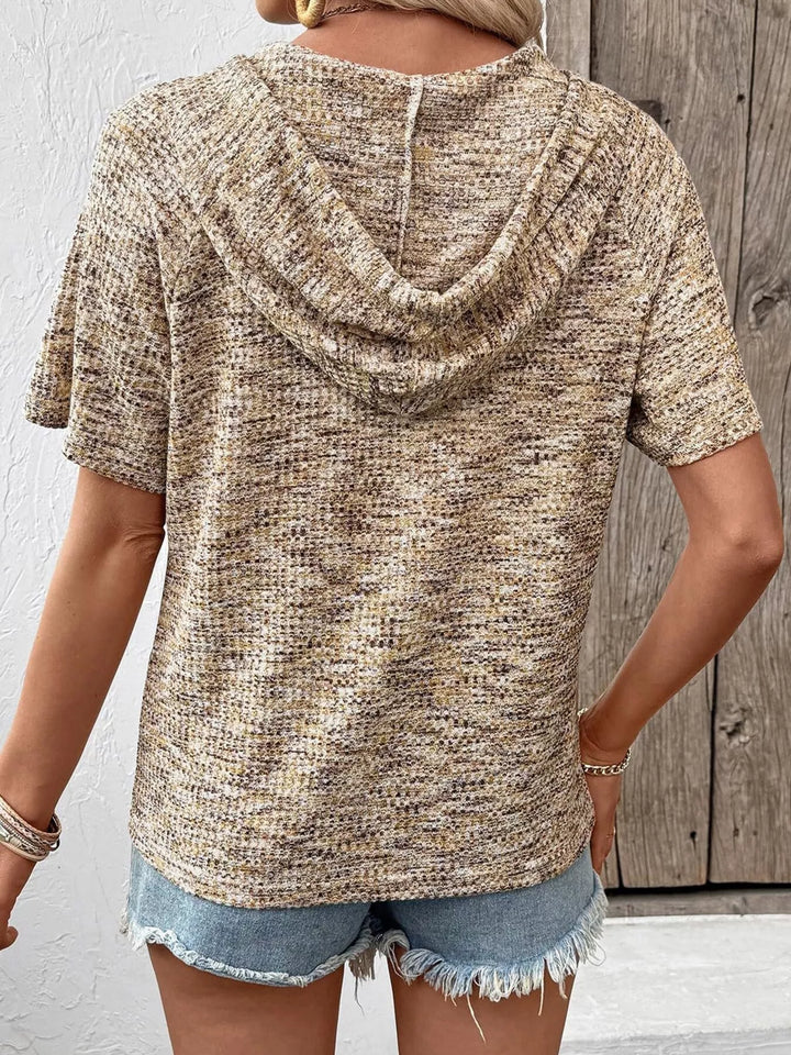 Waffle knit hoodie top with button placket and drawstring