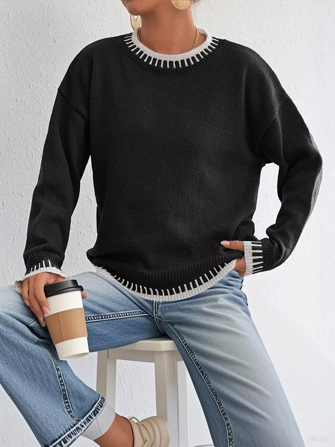 Contrast whipstitch trim drop shoulder crew neck sweater