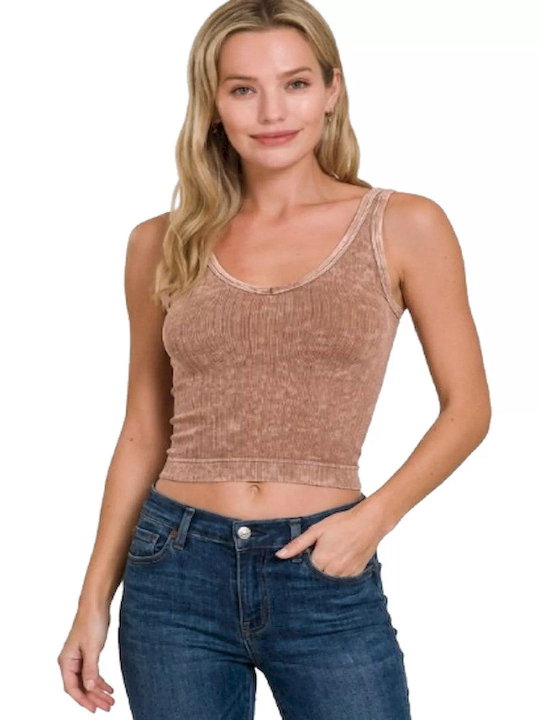 Washed ribbed seamless V-neck crop tank top