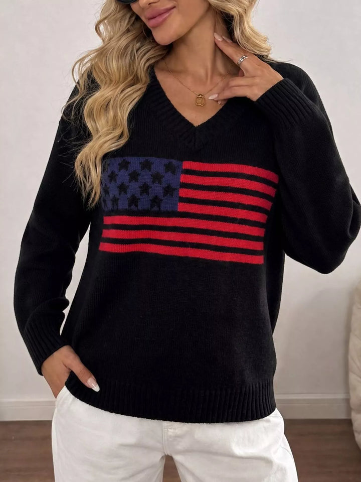 American flag knit V-neck sweater with ribbed trim
