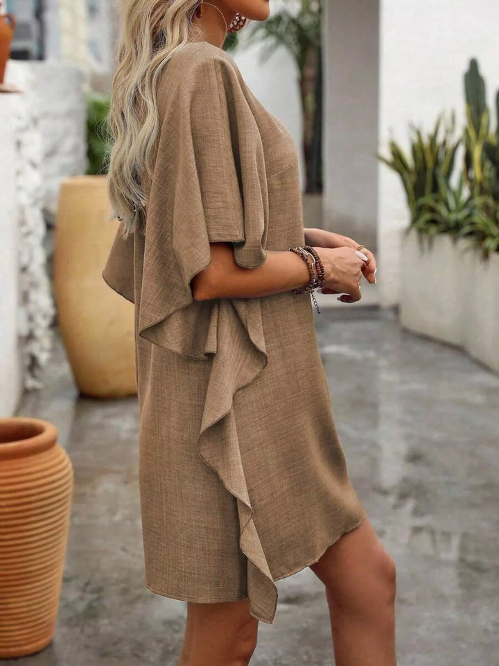 Khaki Flutter sleeve V-neck relaxed mini shift dress