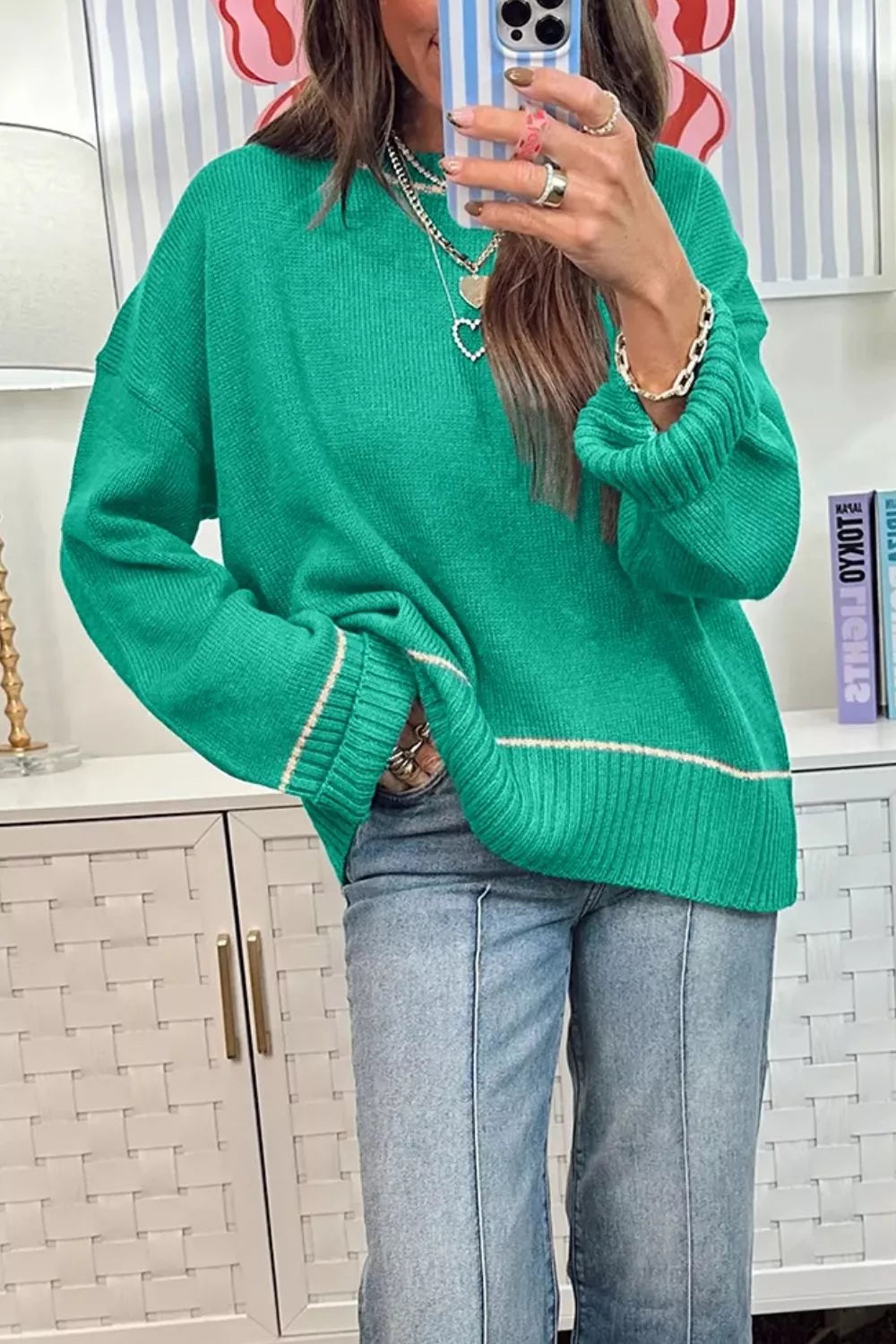 Contrast stripe drop shoulder oversized knit sweater