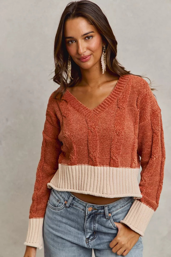 Chenille cable knit v-neck cropped sweater with contrast trim
