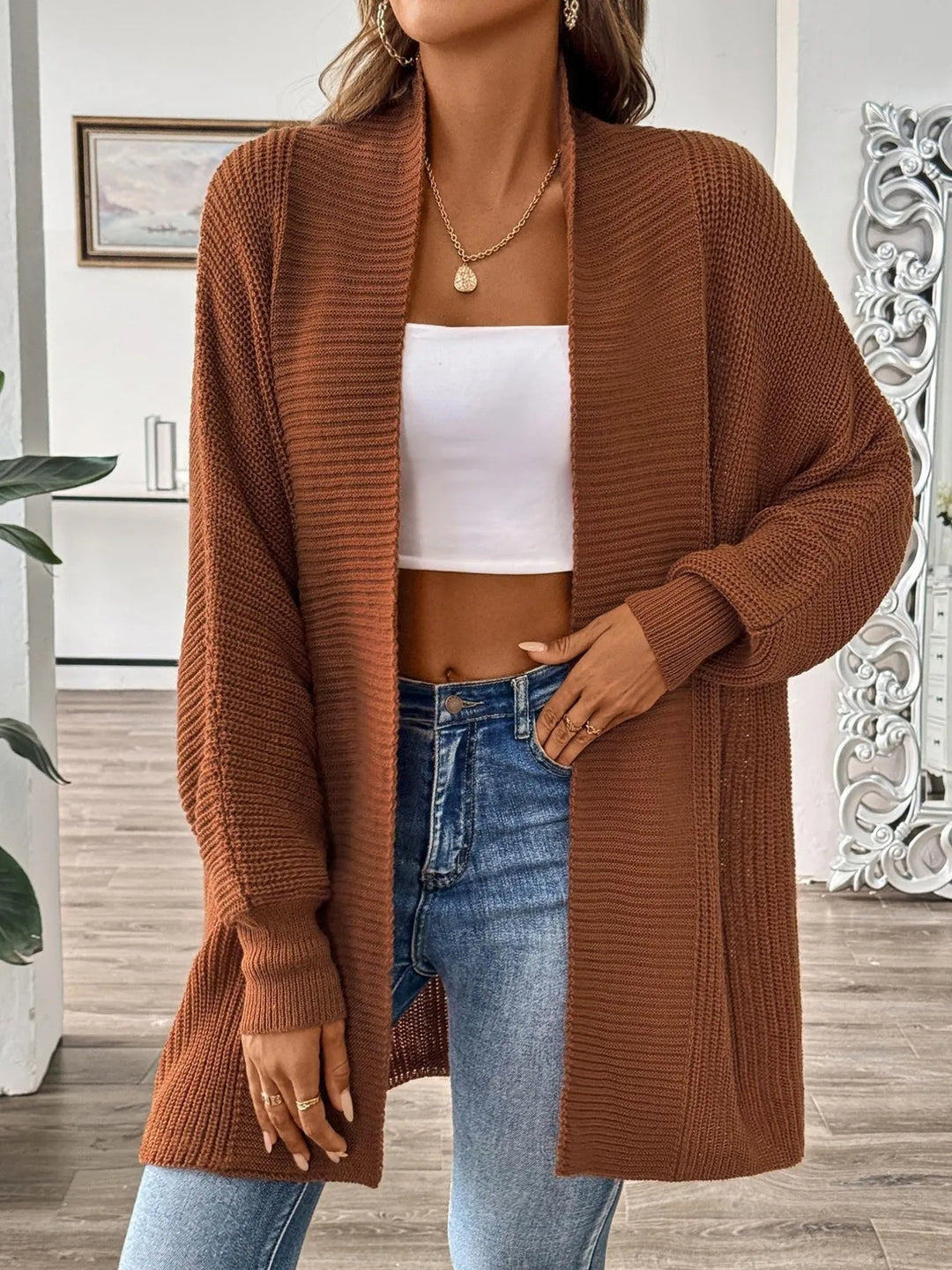 Brown Waffle knit open front cardigan with dolman sleeves