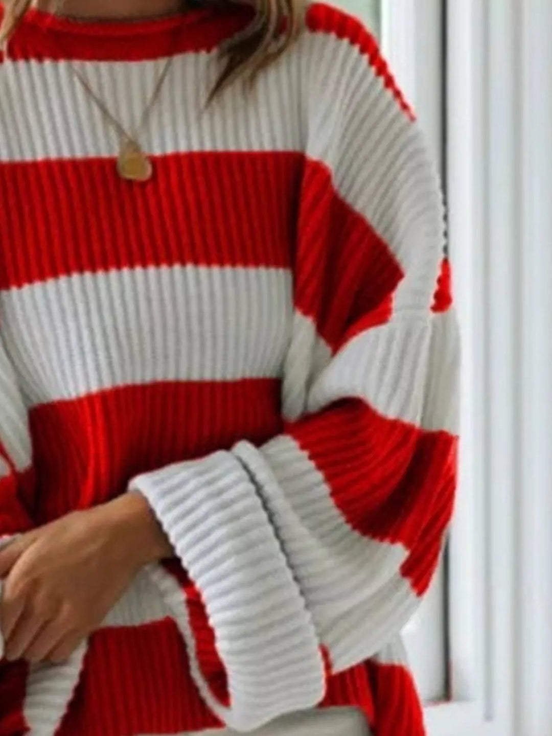 Oversized striped ribbed knit crew neck sweater