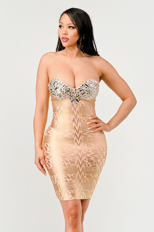 Gilded Glamour Embellished Strapless Cocktail Dress - mini, lace - alternate view