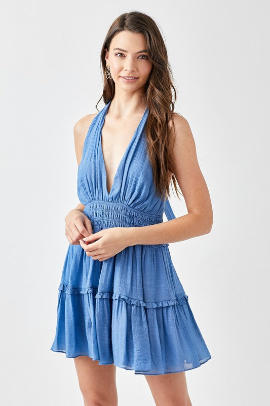 Halter Neck Smocked Ruffle Dress - mini, ruffle - alternate view