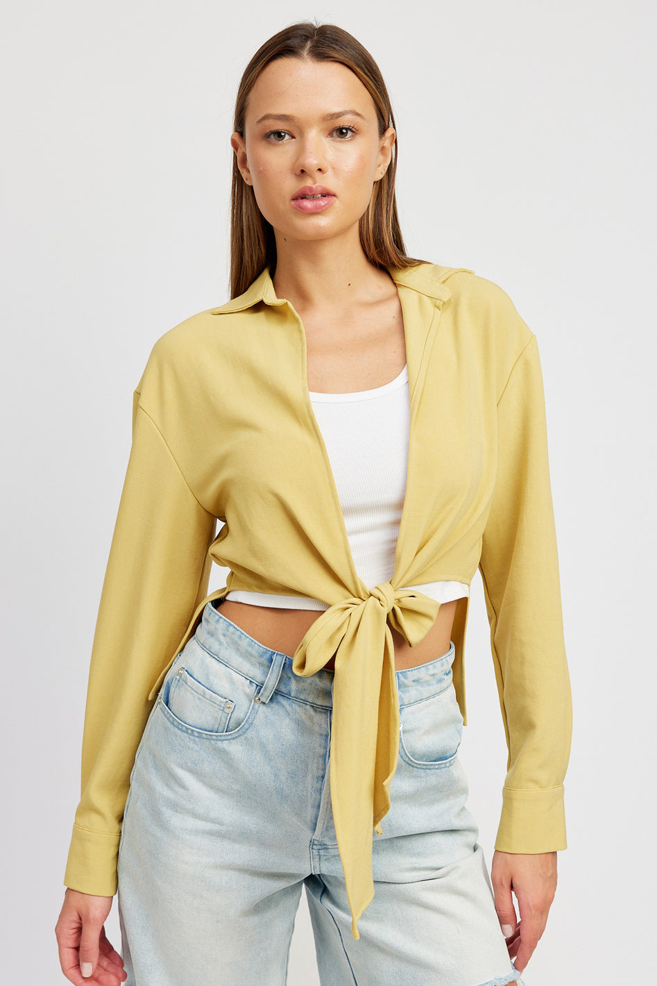 Harlow Tie Front Cropped Collared Blouse in YELLOW - oversized, cropped - front view