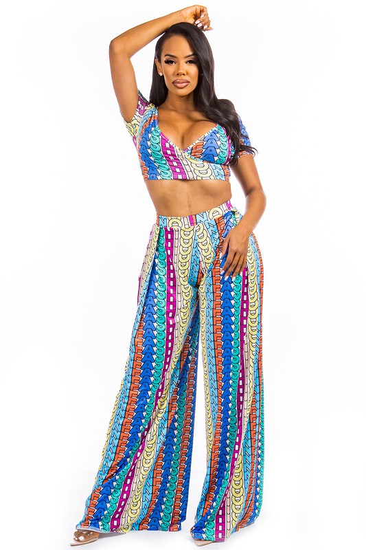 Havana Wrap Crop Top and Wide Leg Pant Set in BLUE MULTI - v neck, cropped - front view