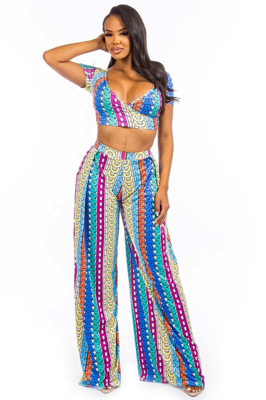 Havana Wrap Crop Top and Wide Leg Pant Set in BLUE MULTI - v neck, cropped - alternate view