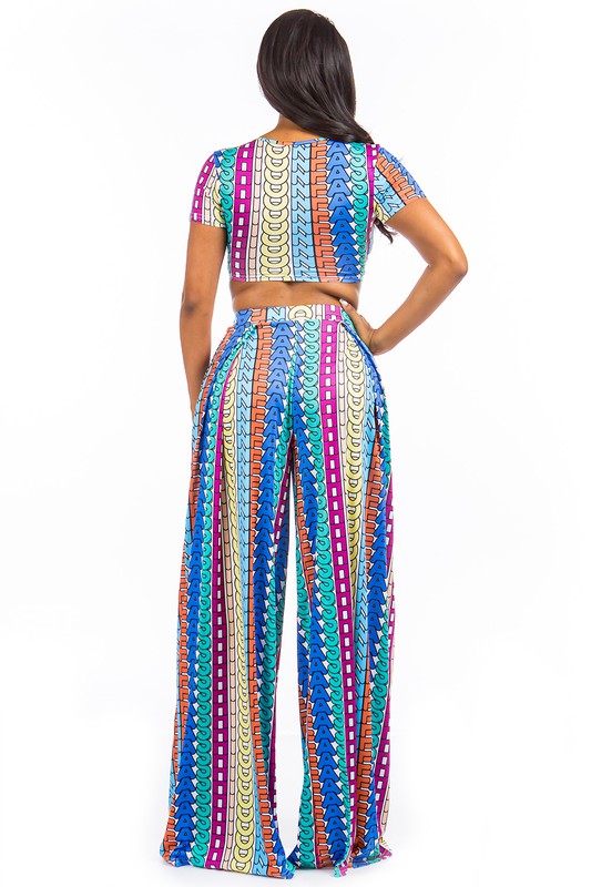 Havana Wrap Crop Top and Wide Leg Pant Set in BLUE MULTI - v neck, cropped - detail view