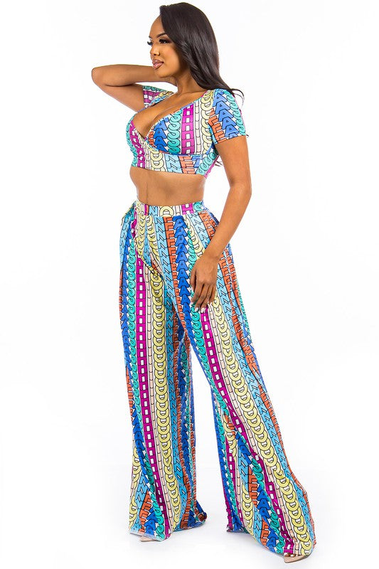 Havana Wrap Crop Top and Wide Leg Pant Set in BLUE MULTI - v neck, cropped - view 4