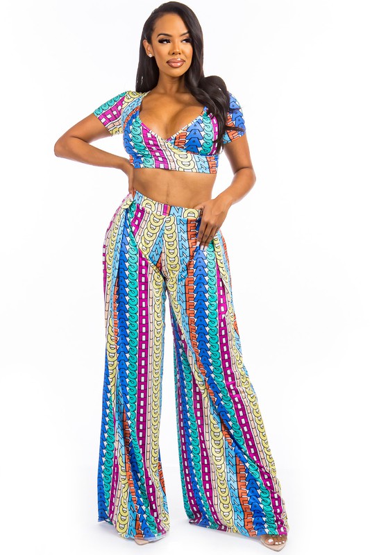Havana Wrap Crop Top and Wide Leg Pant Set in BLUE MULTI - v neck, cropped - view 5